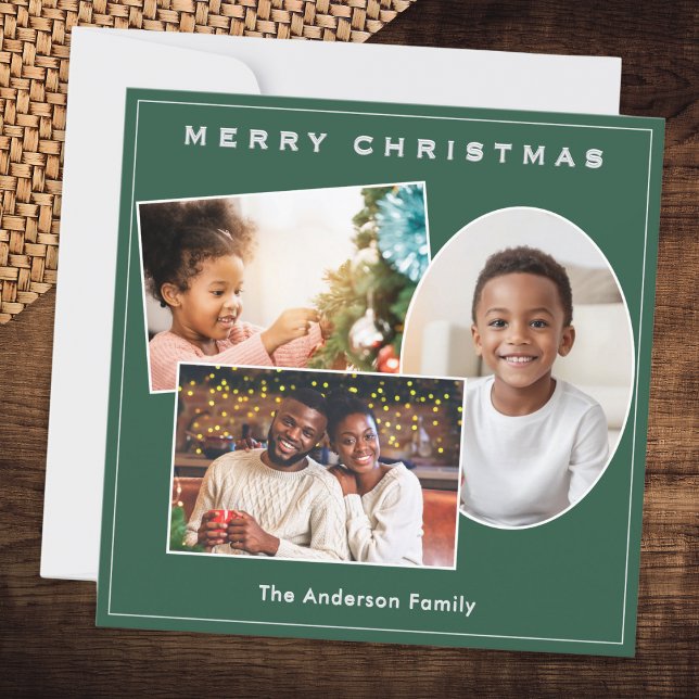 Cartes Pour Fêtes Annuelles Chic Green & Faux Argent 3 Photos Personnalisées N (A stylish forest green Christmas card to customize with 3 photos and your name(s) or message)