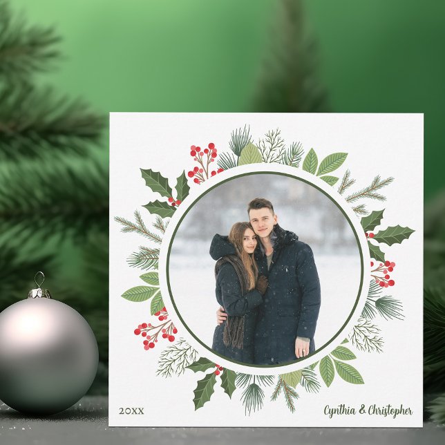 Cartes Pour Fêtes Annuelles Chic Green Holly Christmas Wreath 2 Side Photo (Créateur téléchargé)