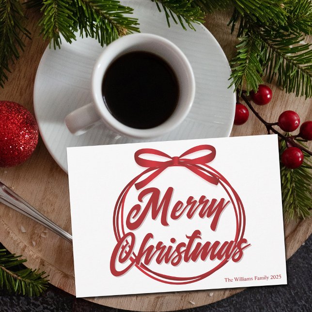 Cartes Pour Fêtes Annuelles Chic Joyeux Noël Script Rouge Ruban Bow (Créateur téléchargé)