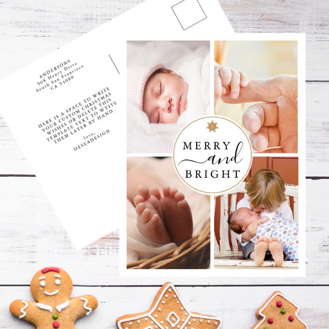 Cartes Pour Fêtes Annuelles Chic Modern 4 Photo Joyeux et lumineux Noël (Créateur téléchargé)