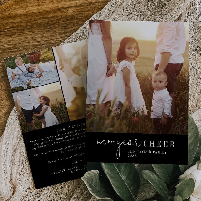 Cartes Pour Fêtes Annuelles Chic moderne | Nouvel an noir photo année revue (Créateur téléchargé)