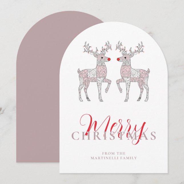 Cartes Pour Fêtes Annuelles Chic Patchwork de Renne de Noël Lilac TMF26 (Devant / Derrière)