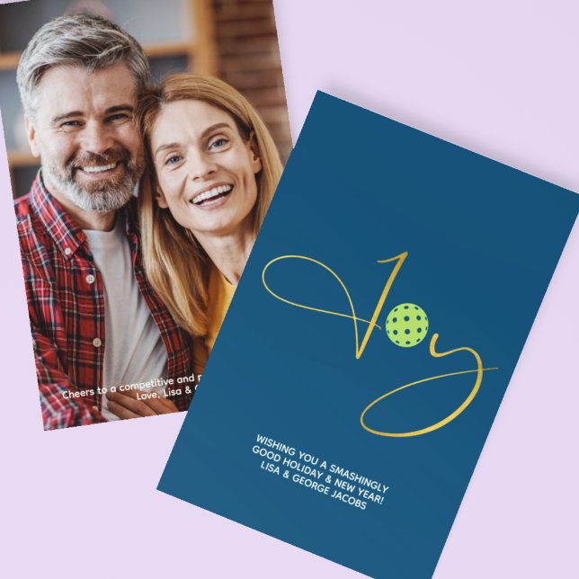 Cartes Pour Fêtes Annuelles Chic Pickleball "Joy" Photo de Noël Bleu (Créateur téléchargé)