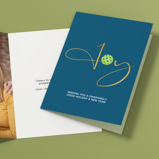 Cartes Pour Fêtes Annuelles Chic Pickleball "Joy" Photo de Noël Bleu (Créateur téléchargé)