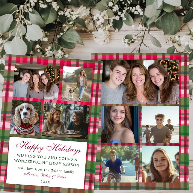 Cartes Pour Fêtes Annuelles Chic Plaid Christmas Custom 9 Photo Collage Preppy (Chic Handmade Watercolor Plaid Pattern Christmas Custom 9 Photo Collage Preppy Holiday Card
)