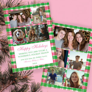Cartes Pour Fêtes Annuelles Chic Plaid Noël Custom 9 Photo Collage rose