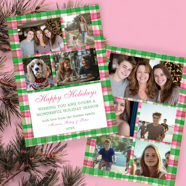 Cartes Pour Fêtes Annuelles Chic Plaid Noël Custom 9 Photo Collage rose (Chic Watercolor Plaid Christmas Custom 9 Photo Collage Pink Green Personalized Family Holiday Card
)