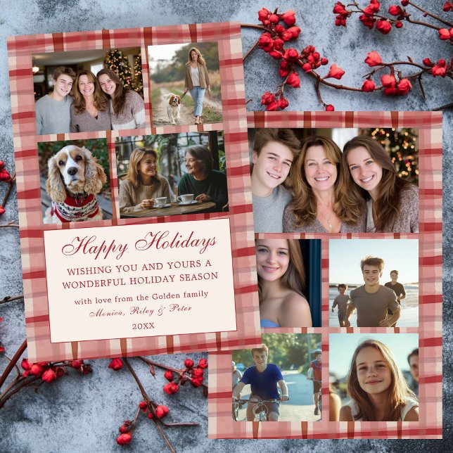 Cartes Pour Fêtes Annuelles Chic Plaid Noël Custom 9 Photo Collage Rouge (Chic Preppy Watercolor Red Plaid Christmas Custom 9 Family Photo Collage Holiday Card
)