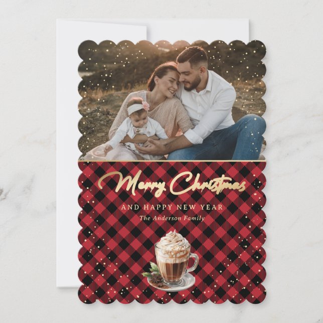 Cartes Pour Fêtes Annuelles Chic Red Gold Plaid Photo Joyeux Noël (Devant)