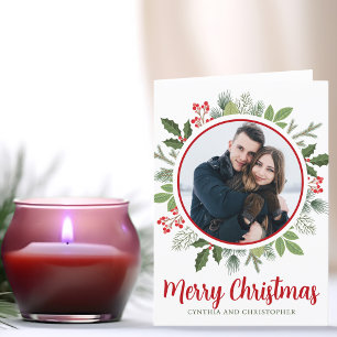 Cartes Pour Fêtes Annuelles Chic Red Holly Feu de Noël photo repliée