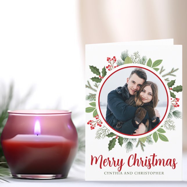 Cartes Pour Fêtes Annuelles Chic Red Holly Feu de Noël photo repliée (Créateur téléchargé)