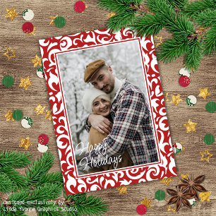 Cartes Pour Fêtes Annuelles Chic rouge foncé blanc Damas Floral Art Motif