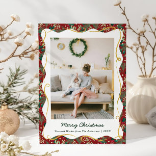 Cartes Pour Fêtes Annuelles Chic Rouge foncé Vert Vintage Noël 1 Photo
