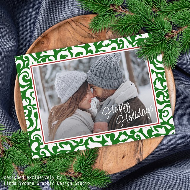 Cartes Pour Fêtes Annuelles Chic Vert foncé blanc Damas Floral Art Motif (Créateur téléchargé)