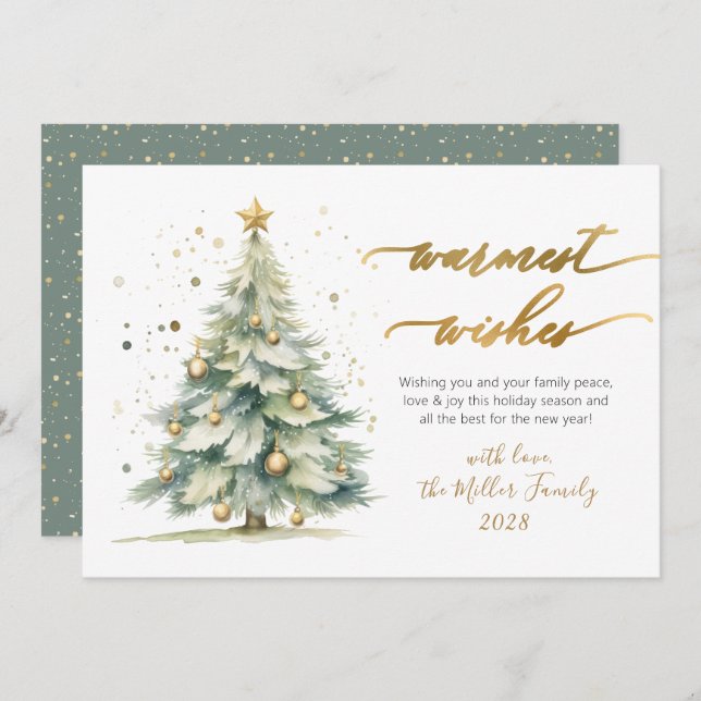 Cartes Pour Fêtes Annuelles Chic Warmest Wishes Gold Script Christmas Tree (Devant / Derrière)