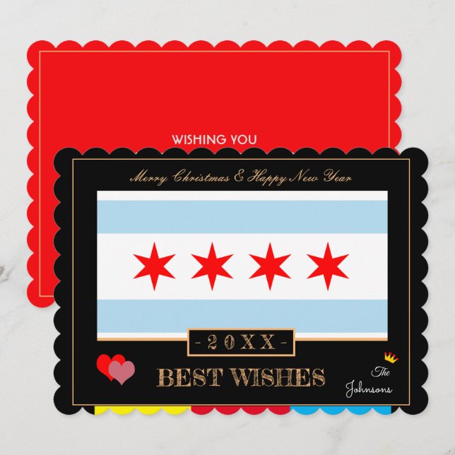 Cartes Pour Fêtes Annuelles Chicago Drapeau & Bonne Année /Meilleurs voeux USA (Devant / Derrière)