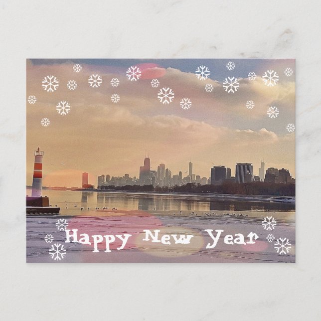 Cartes Pour Fêtes Annuelles Chicago skyline Happy New Year postcard (Devant)