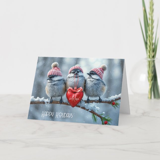 Cartes Pour Fêtes Annuelles Chickadee de Noël Au Coeur Rouge (Devant)