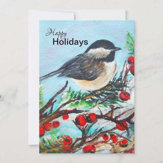 Cartes Pour Fêtes Annuelles Chickadee d'hiver avec baies (Devant)