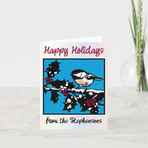 Cartes Pour Fêtes Annuelles Chickadee d'hiver sur Holly Woodcut Vacances d'hiv