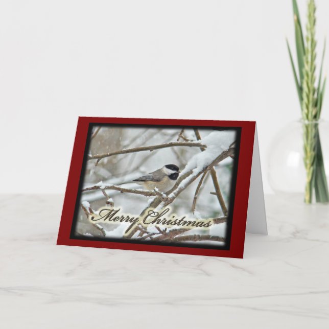 Cartes Pour Fêtes Annuelles Chickadee noir de Noël en neige (Devant)