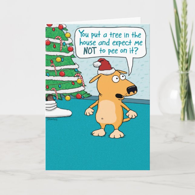Cartes Pour Fêtes Annuelles Chien amusant contre Noël des arbres (Devant)
