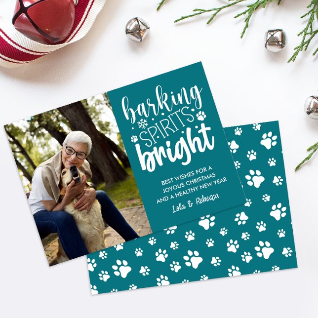 CARTES POUR FÊTES ANNUELLES CHIEN BARRÉ ESPRIT BRIGHT PAWS NOËL TURQUOISE (TEAL DOG THEMED PHOTO CHRISTMAS CARD WITH VERTICAL PORTAIT OF YOU AND YOUR PET DIGITAL DOWNLOAD )