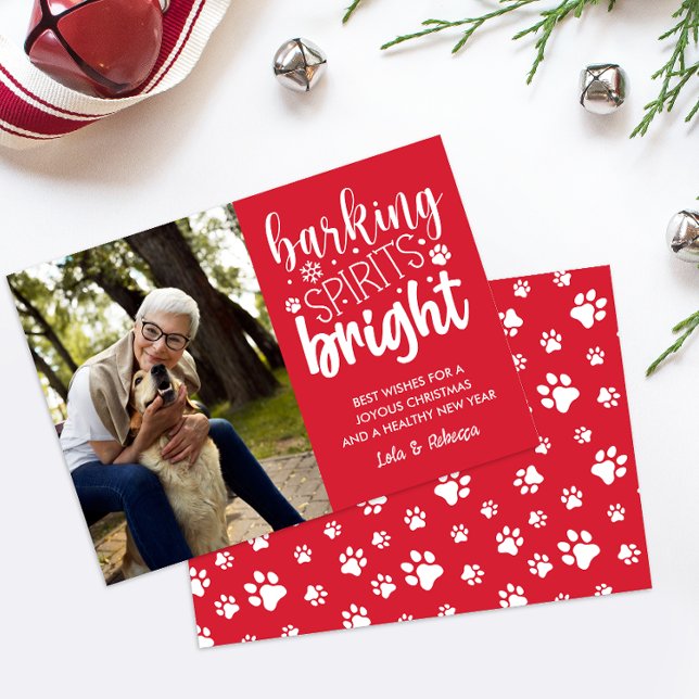 CARTES POUR FÊTES ANNUELLES CHIEN BARRE ESPRIT BRIGHT PAWS RED NOËL (RED WITHE DIGITAL PHOTO CARD FOR CHRISTMAS WISHES WITH PET OR DOG THEME ADD YOUR FURRY BABY PORTRAIT)