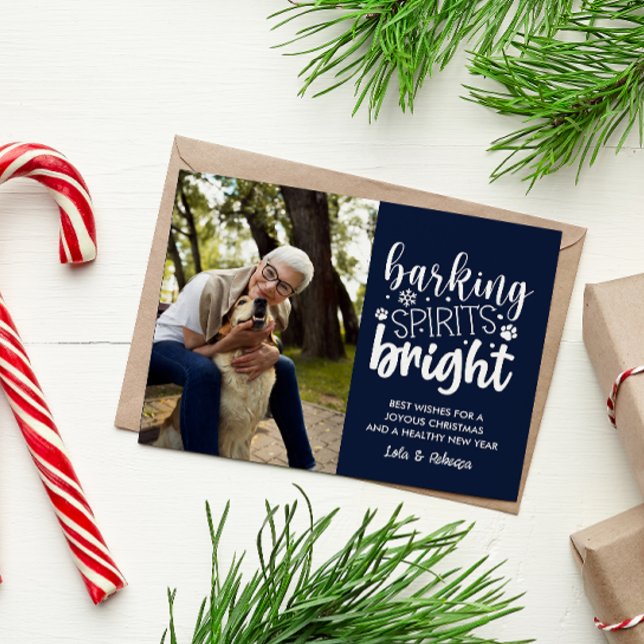 CARTES POUR FÊTES ANNUELLES CHIEN BARRÉ ESPRIT BRIGHT PET MARINE BLEU NOËL (DOG OWNER CHRISTMAS POSTCARD BARKING SPIRITS BRIGHT VERTICAL PHOTO TEMPLATE EASY TO CUSTOMIZE CHEAP)
