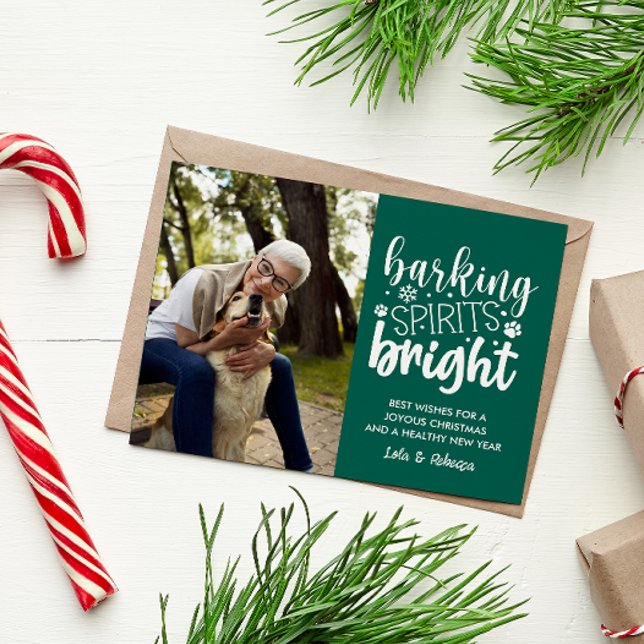 CARTES POUR FÊTES ANNUELLES CHIEN BARRE ESPRIT BRIGHT PET VERT NOËL (DOG OWNER  CHRISTMAS POSTCARD BARKING SPIRITS BRIGHT VERTICAL PHOTO TEMPLATE EASY TO CUSTOMIZE )