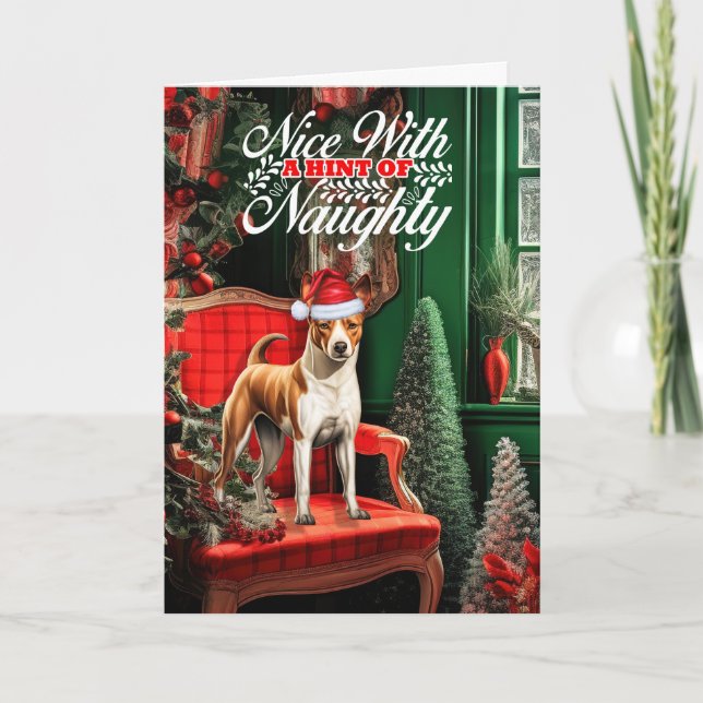 Cartes Pour Fêtes Annuelles Chien Basenji de Noël coquin ou gentil (Devant)