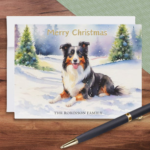 Cartes Pour Fêtes Annuelles Chien Border Collie tricolore dans la neige Joyeux