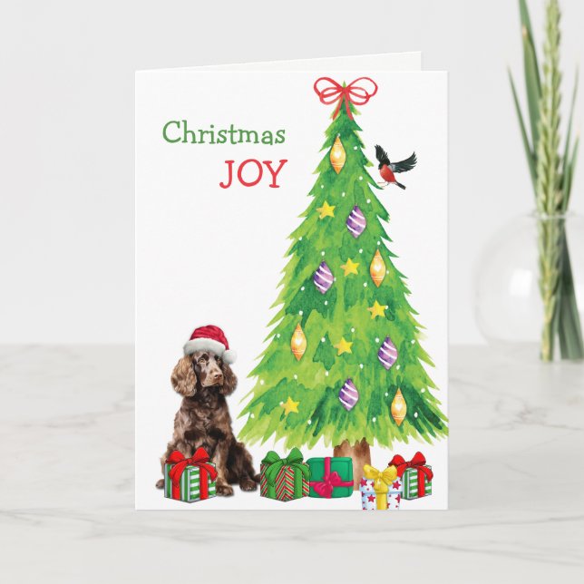 Cartes Pour Fêtes Annuelles Chien Brown, Oiseau et Arbre de Noël (Devant)