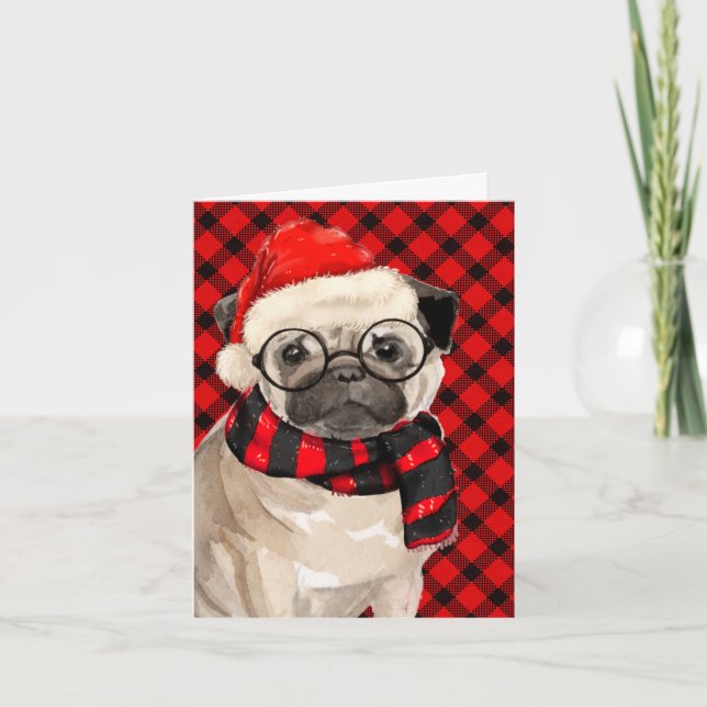 Cartes Pour Fêtes Annuelles Chien Carlin de Noël et rouge noir plaid (Devant)