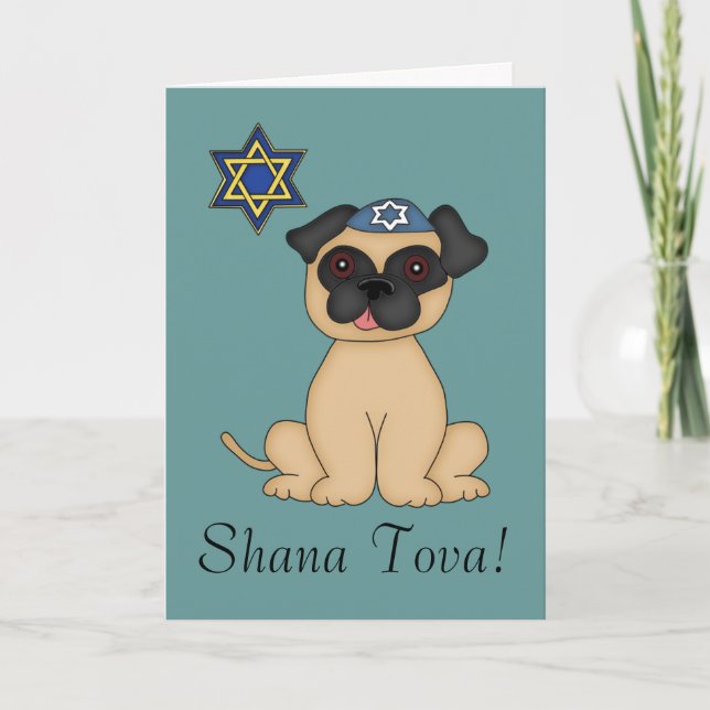Cartes Pour Fêtes Annuelles Chien Carlin juif Shana Tova-Cute (Devant)