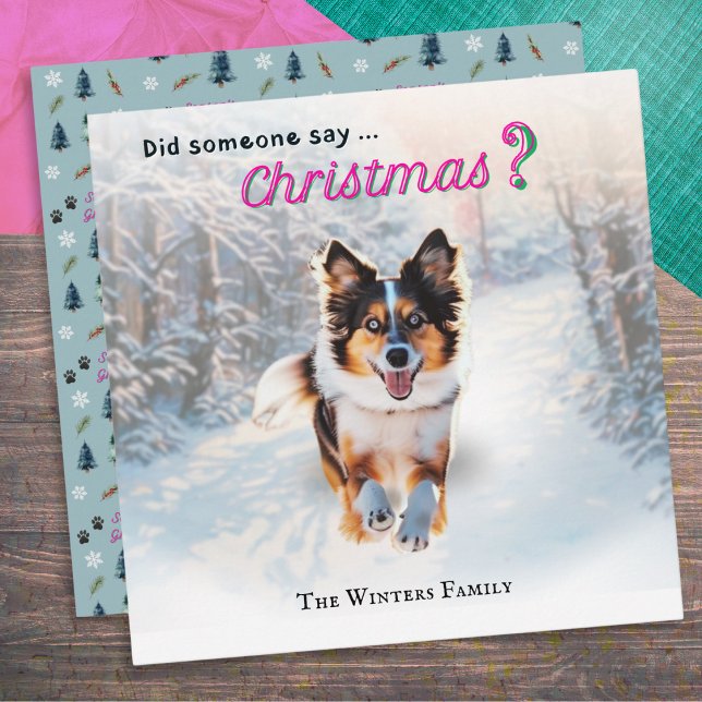 Cartes Pour Fêtes Annuelles Chien de berger australien drôle dans la neige (A Christmas card with joyful-looking Australian Shepherd dog running through snow)