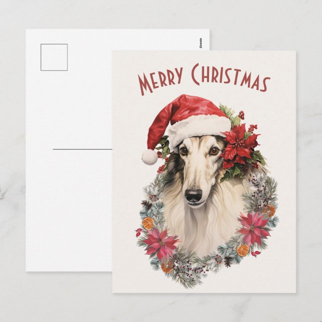 Cartes Pour Fêtes Annuelles Chien de Borzoi Santa Hat Rouge Poinsettias Noël (Devant / Derrière)