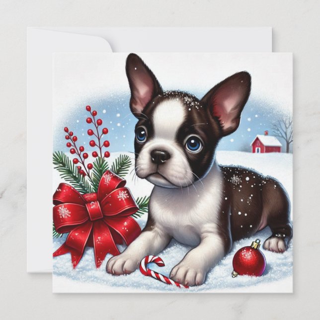 Cartes Pour Fêtes Annuelles Chien de Boston avec décorations de Noël (Devant)