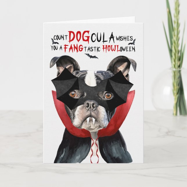 Cartes Pour Fêtes Annuelles Chien de Boston Terrier Drôle comte DOGcula Hallow (Devant)