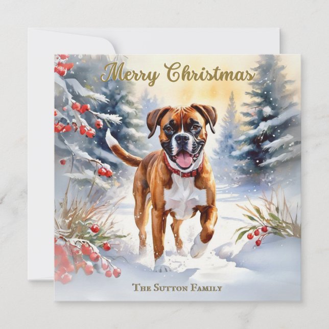 Cartes Pour Fêtes Annuelles Chien De Boxer En Scène De Neige Joyeux Noël (Devant)