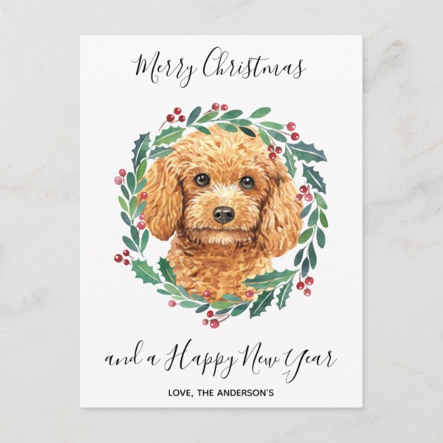 Cartes Pour Fêtes Annuelles Chien de caniche élégante couronne Joyeux Noël (Devant)
