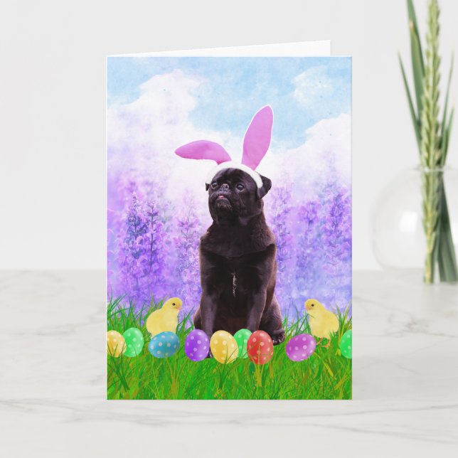 Cartes Pour Fêtes Annuelles Chien de carlin avec oeufs de Pâques Poussins lapi (Devant)