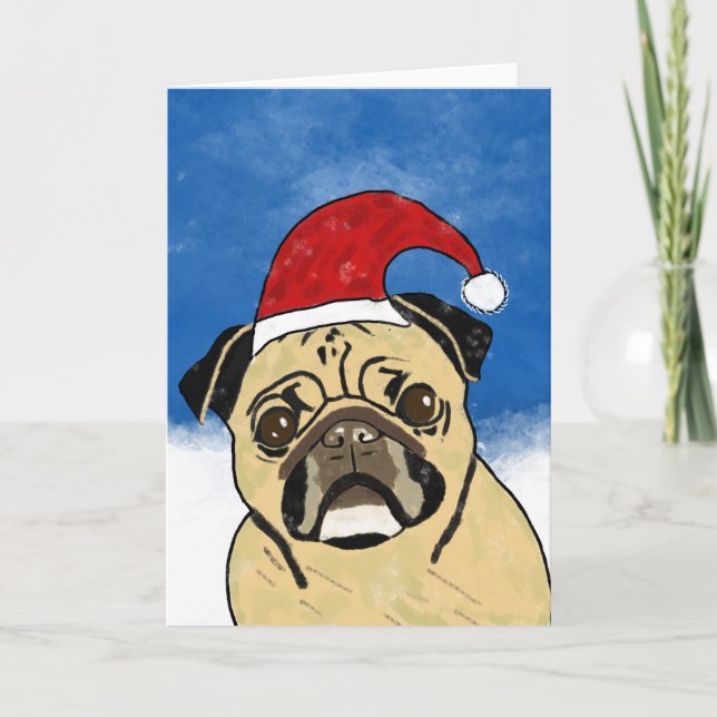 Cartes Pour Fêtes Annuelles Chien de carlin dans neige Noël Aquarelle Art Port (Devant)