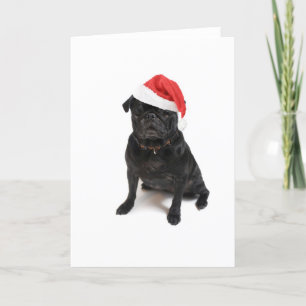 Cartes Pour Fêtes Annuelles Chien de carlin noir avec chapeau de santa rouge