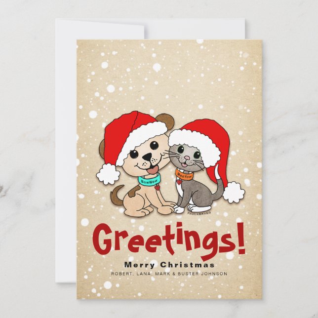 Cartes Pour Fêtes Annuelles Chien de chat de Noël (Devant)