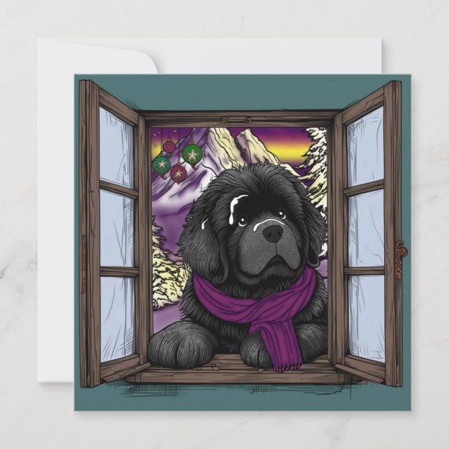 Cartes Pour Fêtes Annuelles Chien de fenêtre enneigé (Devant)