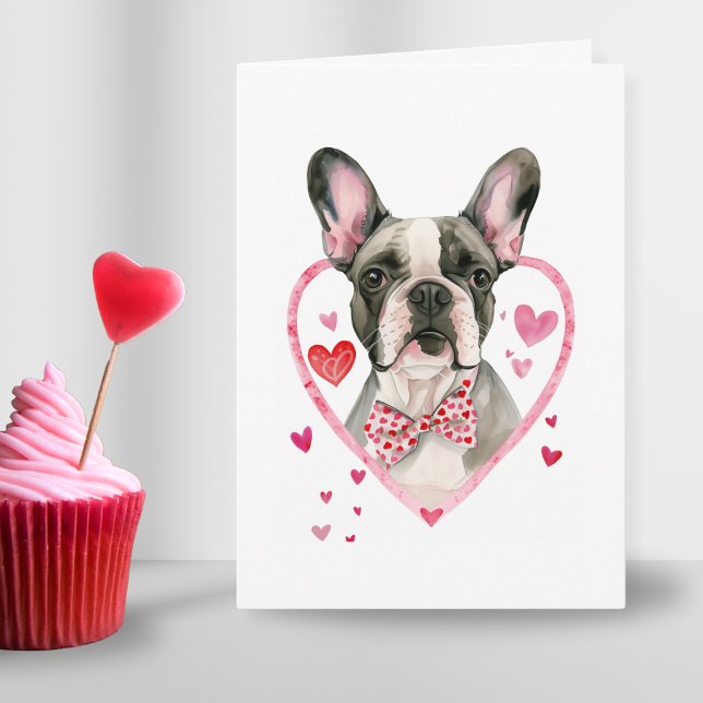 Cartes Pour Fêtes Annuelles Chien de la Fête Valentines Chien Français Coeur F (frenchie dog in spot red pink bowtie in watercolr and heart frame for valentines day dog mom wife)