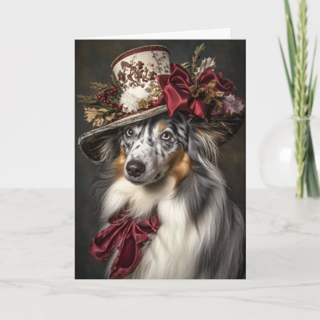Cartes Pour Fêtes Annuelles Chien de Noël Blue Merle Collie Élégant Victorien (Devant)