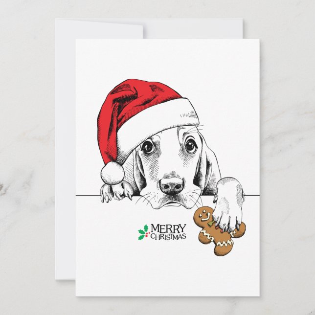 Cartes Pour Fêtes Annuelles Chien De Noël Dans Le Chapeau Du Père Noël Tenant  (Devant)