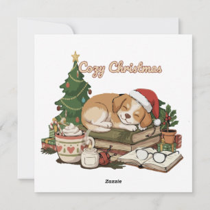Cartes Pour Fêtes Annuelles Chien de Noël endormi et livres vintage cosy